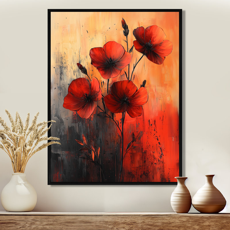 Shana Burning Geraniums In Fiery Shades Expression I - Geraniums Wall Art, 40" H x 30" W, Black, Floater Framed Print