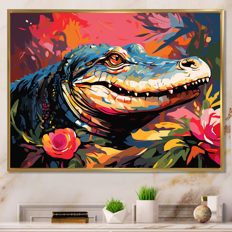 Popart alligator Blooms II - crocodile, art mural, Cadre flottant doré, H 12 po x l 20 po x P 1 po