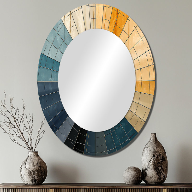 Mid-Century New Balance Abstract Geometrics II - Blue Mid-Century Oval Wall Mirror, 40" x 30"