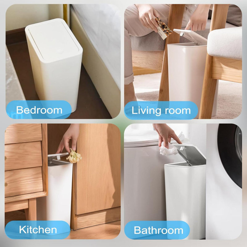 White Plastic 2.6 Gallon Bathroom Trash Can with Press Top Lid