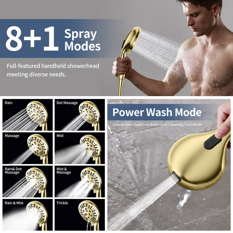 Pomme de douche double haute pression avec douchette à 9 modes et boyau de 79 po, Or brossé
