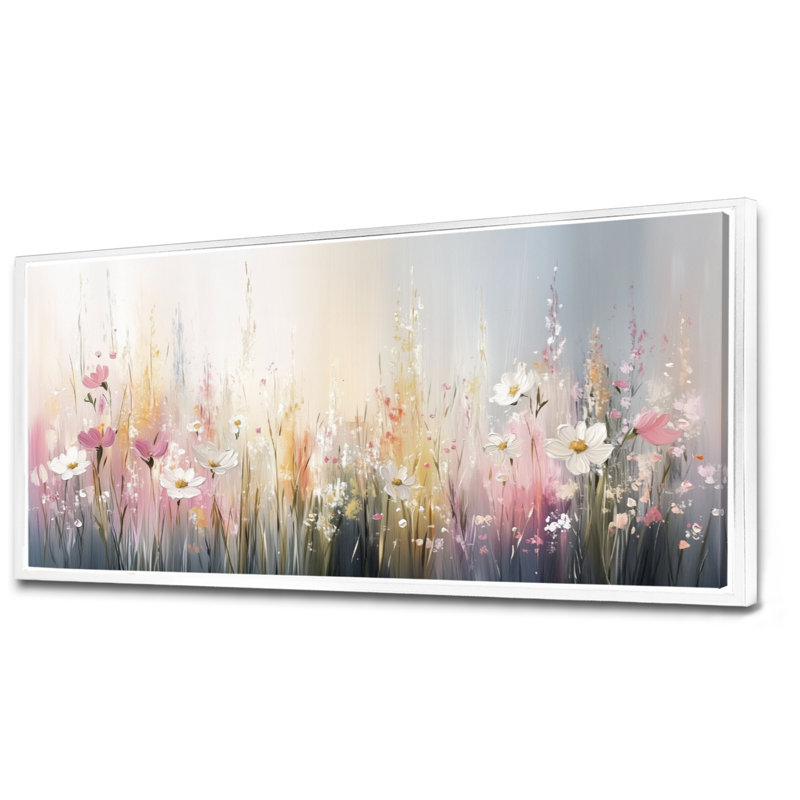 Grey Pink Spring Bloom Meadows – Grey Wildflower Framed Wall Art, Fresh Canvas Prints, 20" H x 40" W, White Floater Framed