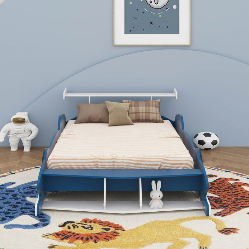Lit plateforme avec roulettes et rangement Race, Lit double, Bleu