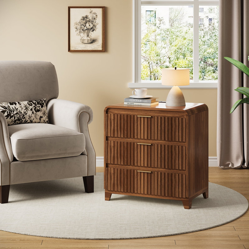 Walnut Color Nightstand with Charging Port,Modern Bedside Table,Versatile Nightstand with 3 Drawers for Home and Office