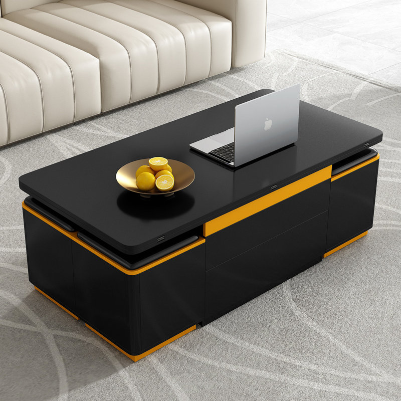 Table basse à plateau relevable avec 4 tabourets de rangement, table basse moderne avec plateau pliable, table basse réglable multifonctionnelle pour le salon