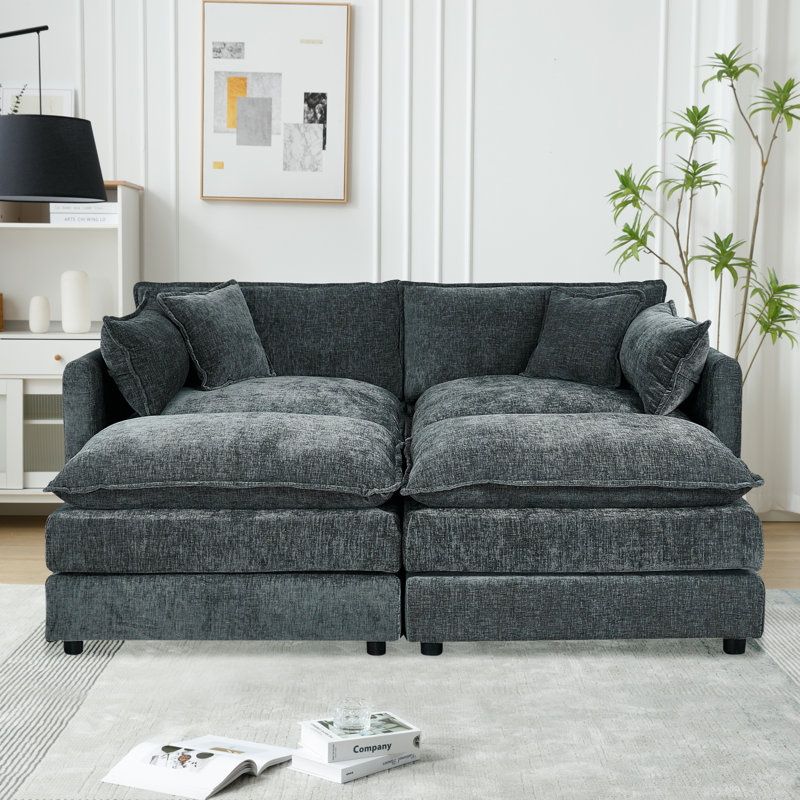 Canapé-lit en chenille moderne avec repose-pieds, Gris chenille, H 33,85 po x l 77,16 po x P 35,82 po