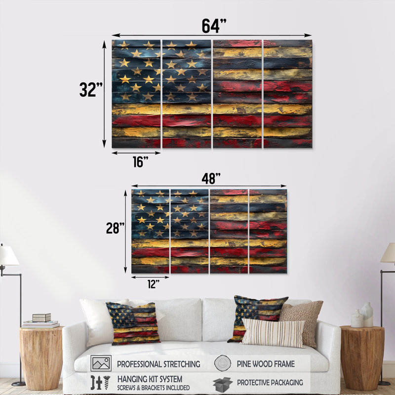 «Blue Red American Flag I», ensemble d'art sur toile, H 32 po x l 64 po