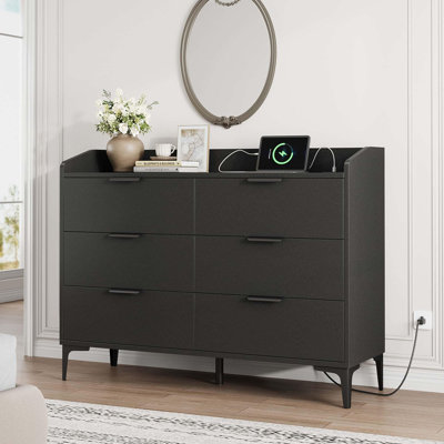 Modern 6-Drawer Wooden Dresser with Power Outlets – Wide Storage Chest for Bedroom – Freestanding Organizer Cabinet with Adjustable Feet – Ideal for Living Room, Entryway – Black