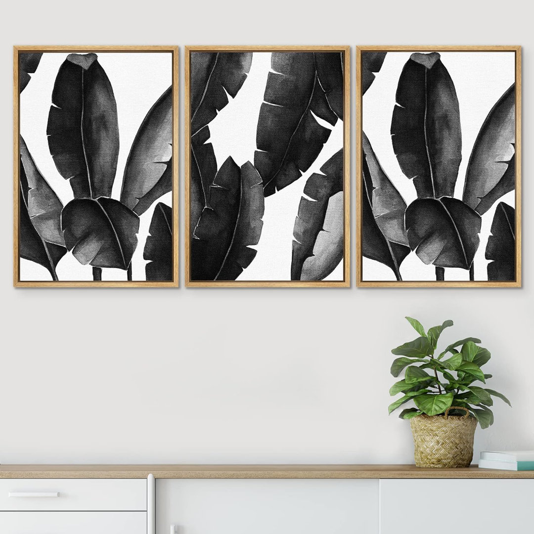 Minimal Botanical "Black And White Tropical Banana Leaf Modern Framed Canvas Print 3 Pieces Wall Art IDEA4WALL 