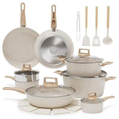 Batterie de cuisine 21 pièces avec couvercles et ustensiles, couleur beige, revêtement antiadhésif en céramique sur aluminium, compatible au gaz et à induction.