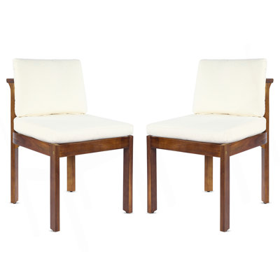 Acacia Wood Outdoor Dining Chair (Set of 2), Cream Cushions