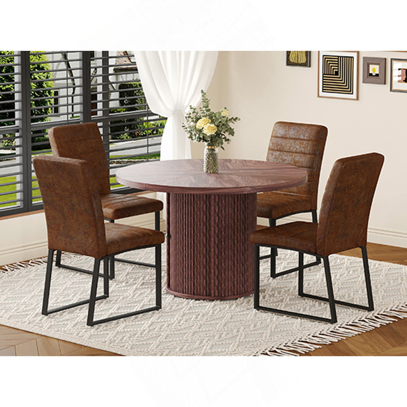 Ensemble de chaises de salle à manger rembourrées en polyuréthane 4 pièces avec table à colonnes romaine ronde, rangement inclus, convient aux restaurants / cafés, brun