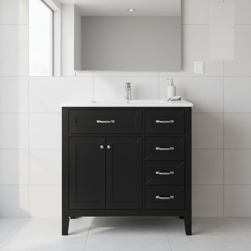 Meuble-lavabo noir 36 po avec évier, armoire autoportante avec tiroirs, structure en bois massif et fabrication en bois massif durable