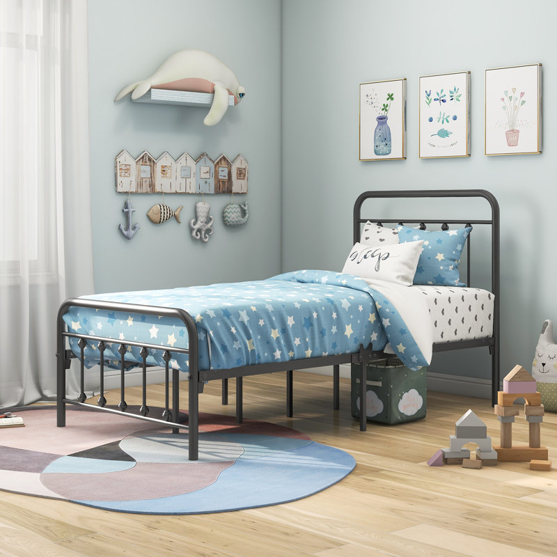 Structure de lit plateforme en métal de style victorien, taille simple, sans sommier, rangement sous le lit, noir, Lit simple