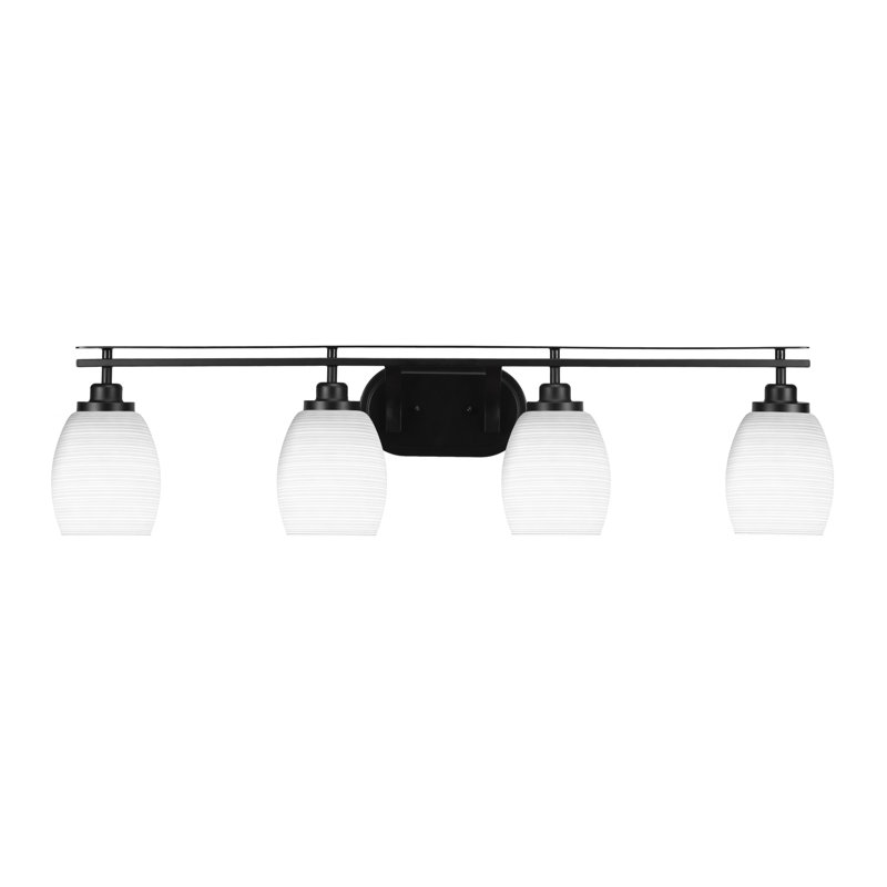Barre d'éclairage de salle de bain 4 lumières Brina avec verre blanc mat 5 po, Noir mat