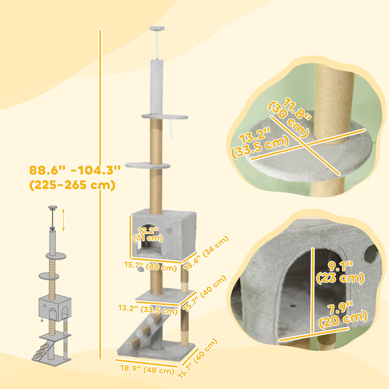 Floor to Ceiling Cat Tree 89"-104" Adjustable Height, Light Grey