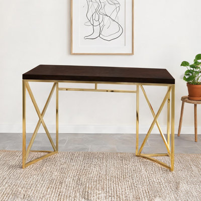 Particle board computer desk for laptop work, wood-tone brown with gold X-base, contemporary 47-inch rectangle