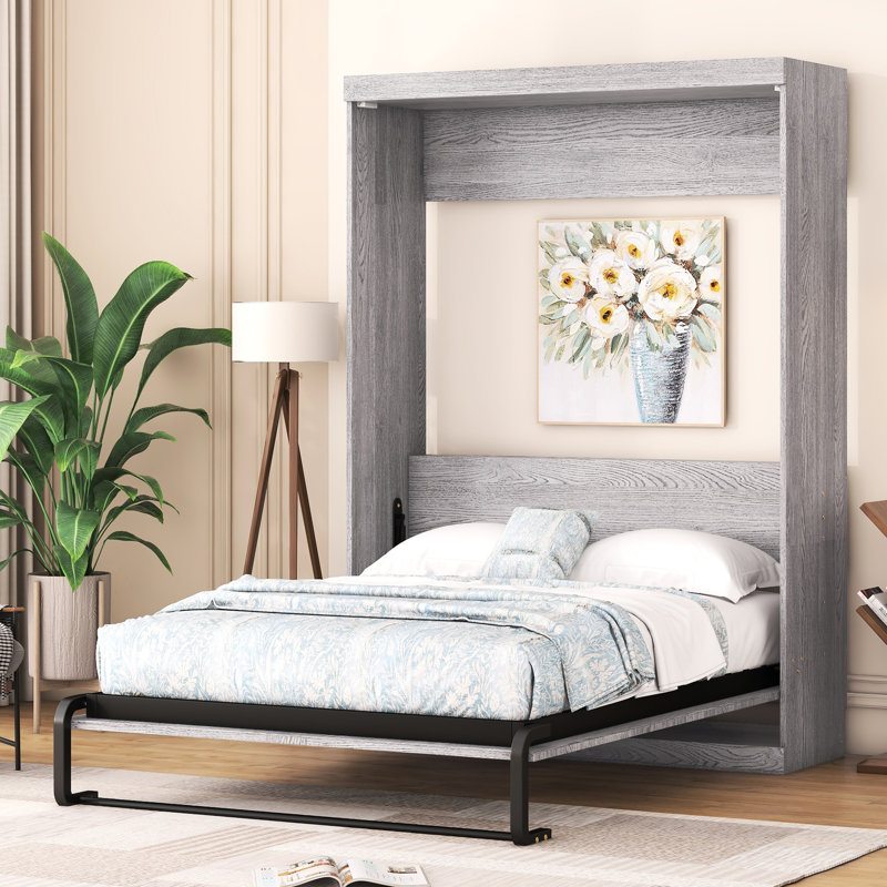 Gris, lit double, lit, fonction de pliage, idée d'économie d'espace, lattes de bois, support de matelas rabattable, bois massif, pin