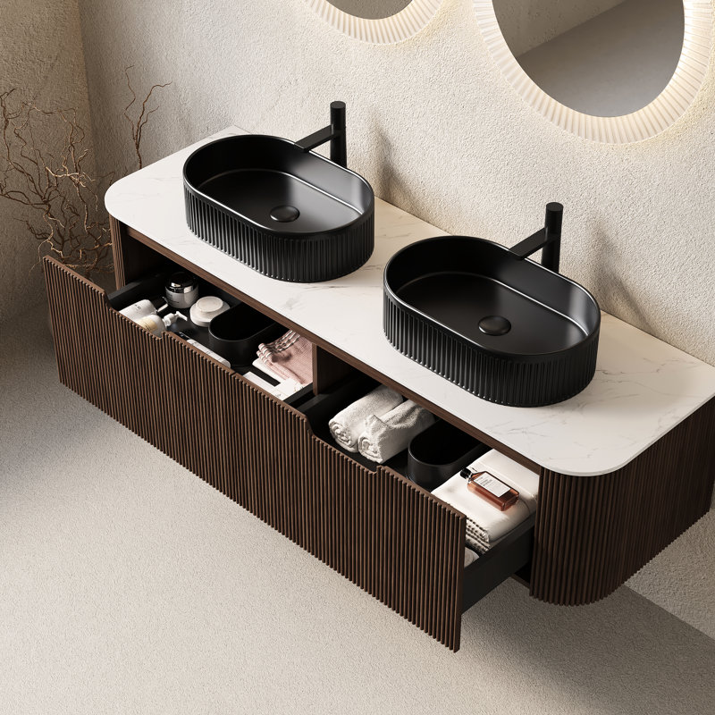 Meuble-lavabo moderne de 60 po avec 2 vasques en céramique noire, noyer foncé, pré-assemblé, rangement spacieux, tiroirs à fermeture en douceur, finition rayée 3D, lavabo de haute qualité, lavabos ovales de comptoir, mur