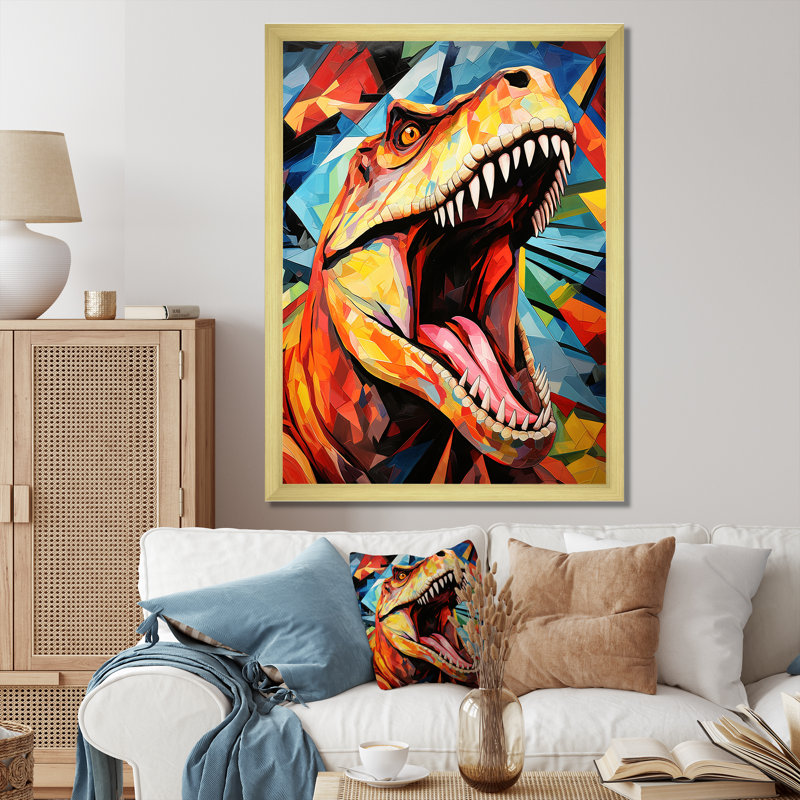 Cubiste coloré, TRex Dino II, art sur toile dinosaure, H 40 po x l 30 po x P 1,5 po, Cadre doré simple