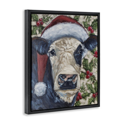 «Cow with Festive Holly», art mural encadré sur toile flottante par Sara G. Designs