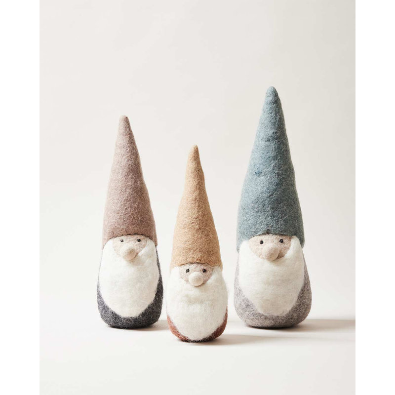 Felted Woodland Gnome, Medium: 12" H X 3.5"  (diameter at base), Tan/Charcoal/White