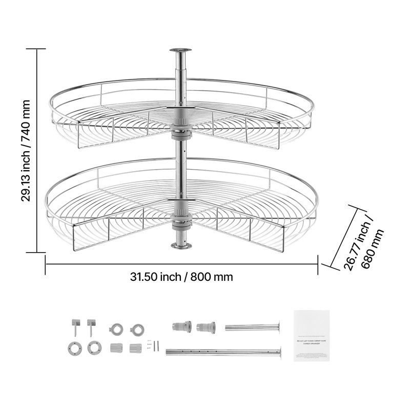 2 Tier Kidney Shaped Chrome Corner Organizer Lazy Susan Cabinet Blind Corner, 74cm H x 80cm W x 68cm D