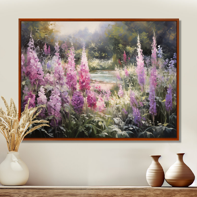Impression d'art mural mauve, forêt de salves, fleurs sauvages, Toile avec cadre flottant brun, H 24 po x l 32 po x P 1 po