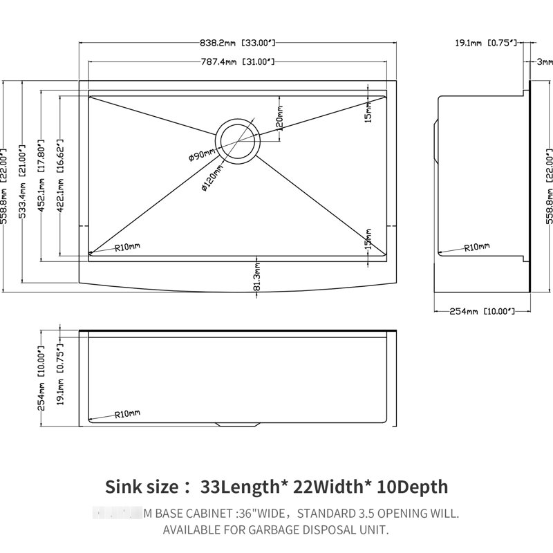 Stainless Steel Gunmetal Black 33 Inch Apron Front Kitchen Sink Workstation, Silver, 18-Gauge