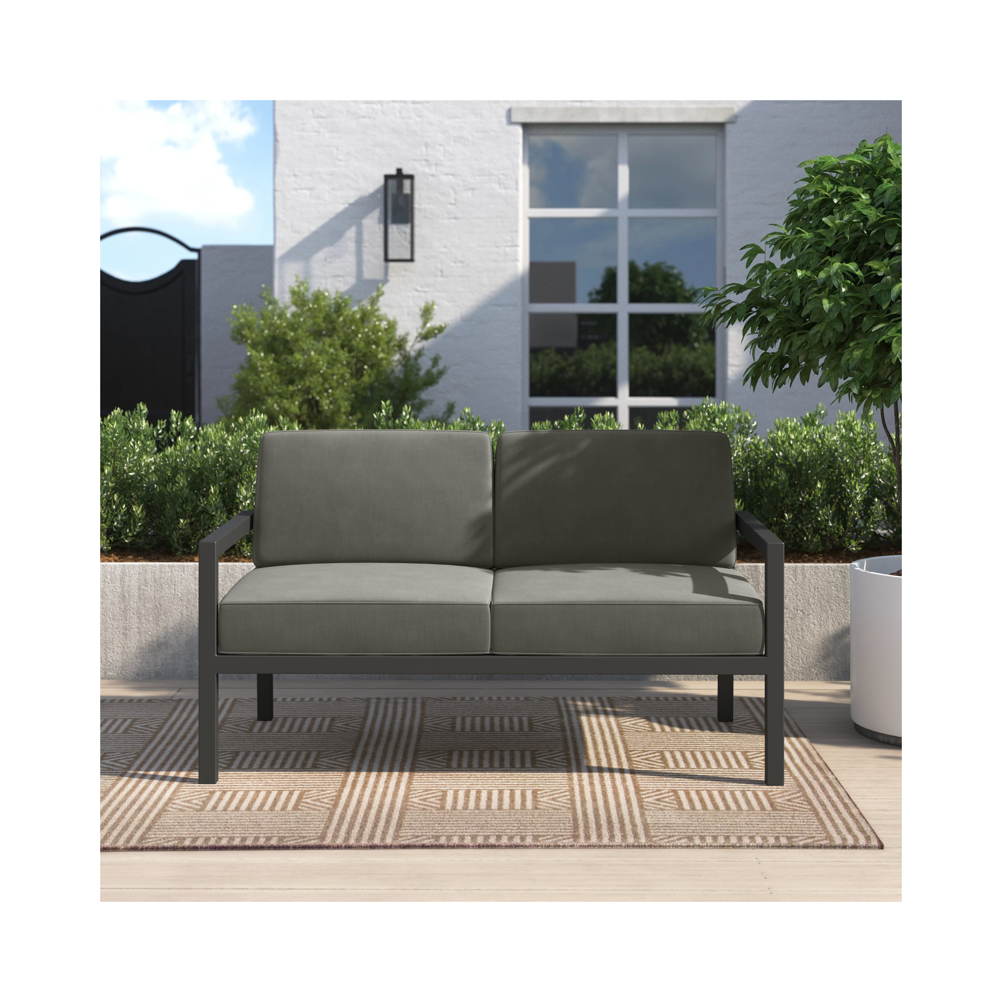 Vivant 56.25" Wide Outdoor Loveseat with Sunbrella® Cushions, Spectrum Indigo Sunbrella®, White