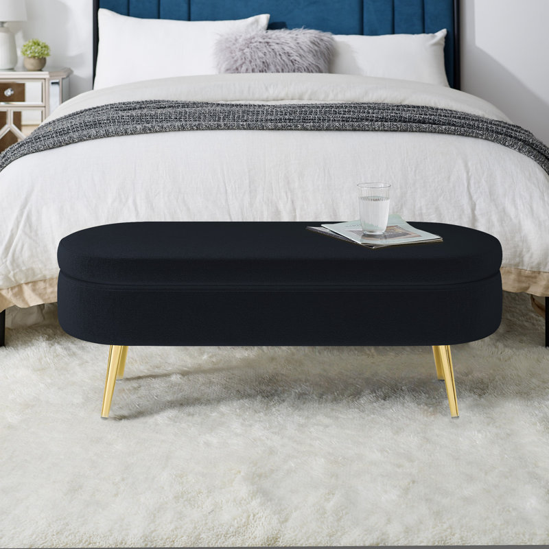 Banc de rangement ovale capitonné avec pieds en métal doré, pouf moderne de bout de lit pour chambre ou entrée, noir, Noir