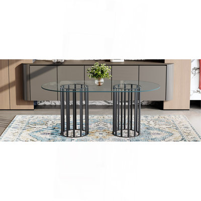 Table de salle à manger de 71 pouces en verre trempé ovale, double colonne argentée de style luxueux, verre trempé résistant aux égratignures et facile à nettoyer. Convient pour une salle à manger de 6 à 8 personnes, table de restaurant moderne de luxe légère.