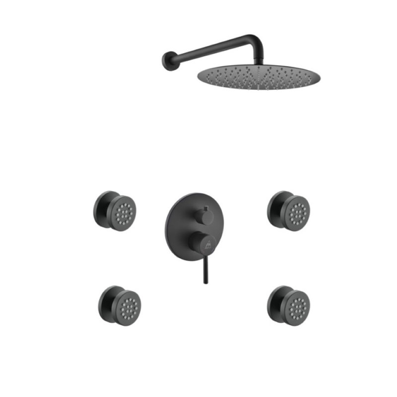 Système de douche à pression équilibrée avec valve brute Aqua Rondo, Noir mat