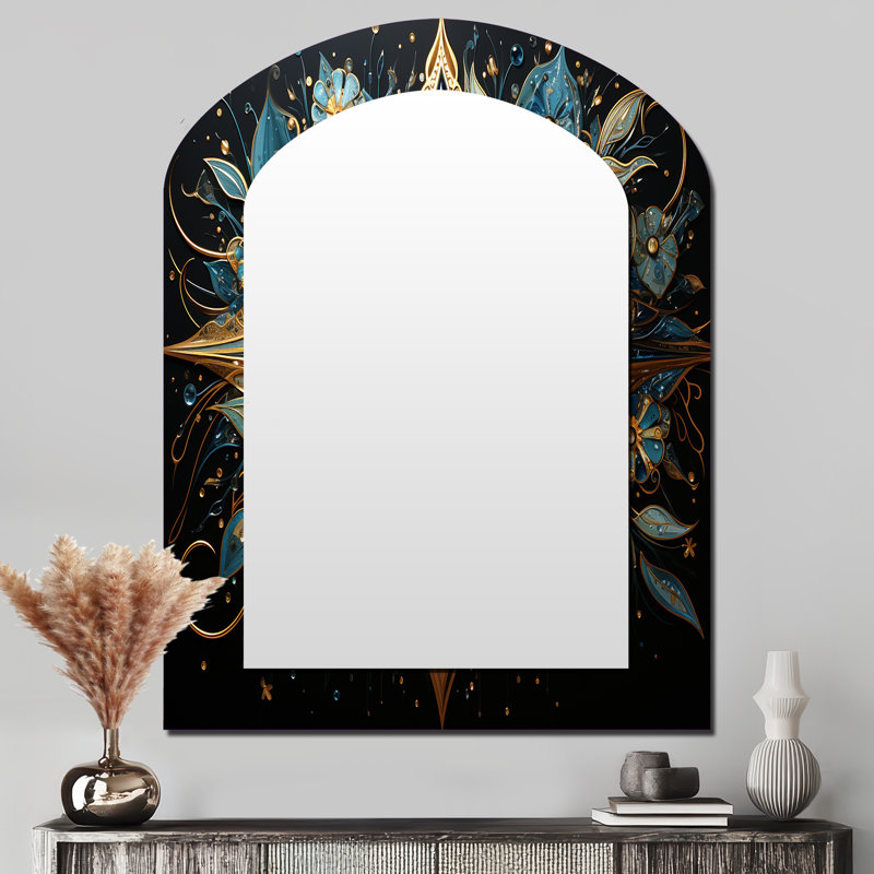 Judaism Hamsa Blessings Eye I - Judaism Arch Wall Mirror, Gold Asymmetrical Decorative Mirror, Printed Metal Art, 43" x 33"