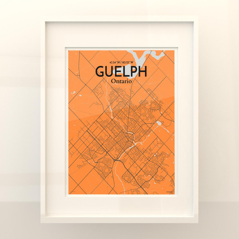 Guelph City Map, impression, H 20 po x l 16 po, Orange / gris