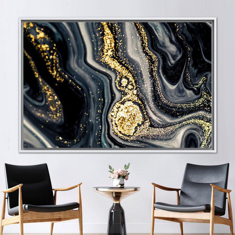 Modern Marble Abstract Canvas Art - Luxury Shimmering Contemporary Wall Decor, White, Framed Print without Mat