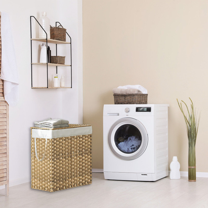 Handwoven Wicker Laundry Hamper with Lid,2 Section Wicker Laundry Basket for Dirty Clothes,with Washable Linen Liner,Large