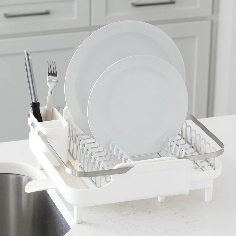Large White Metal Foldable Dish Rack with Utensil Cup