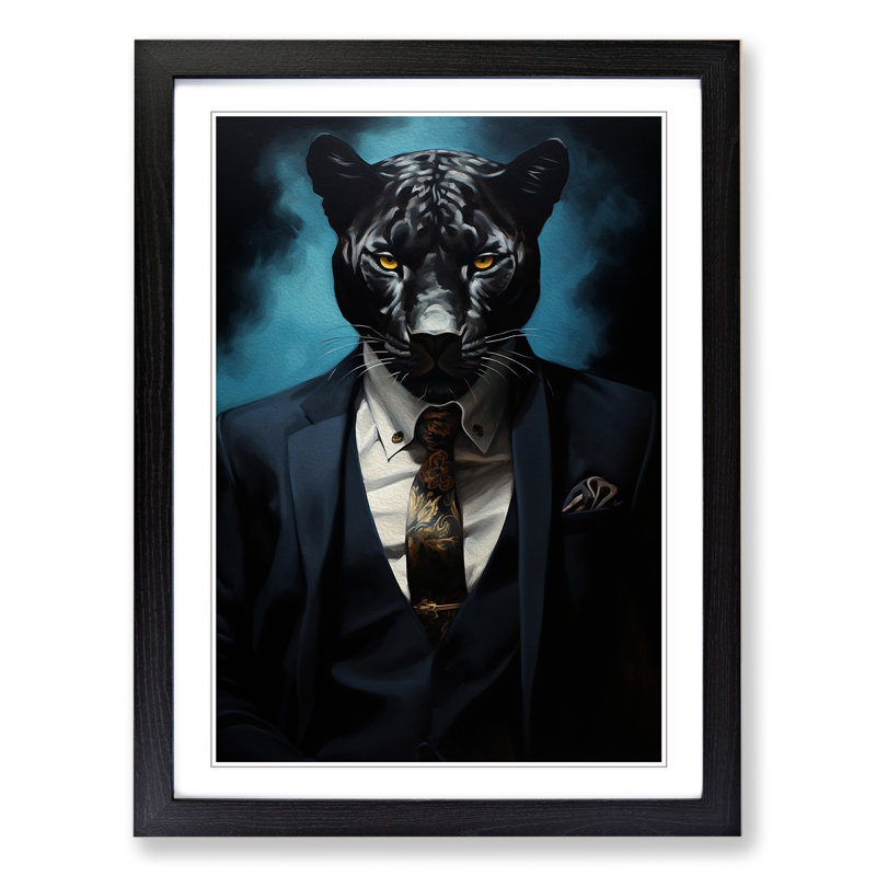 Panther In A Suit Painting No.2 - Single Picture Frame Print on Wood, 34cm H x 25cm W x 2cm D, Black Framed