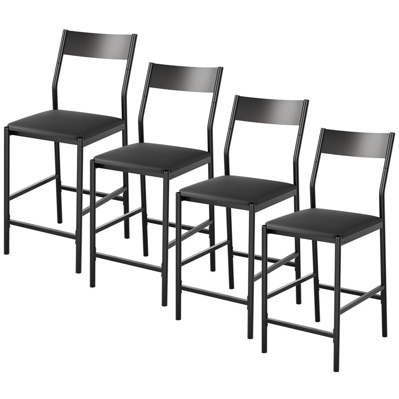 Ensemble de 4 tabourets de bar à hauteur de comptoir de 24 pouces, chaises rembourrées en cuir de polyuréthane avec dossier et repose-pieds, sièges robustes pour bars à domicile et cuisines, noir