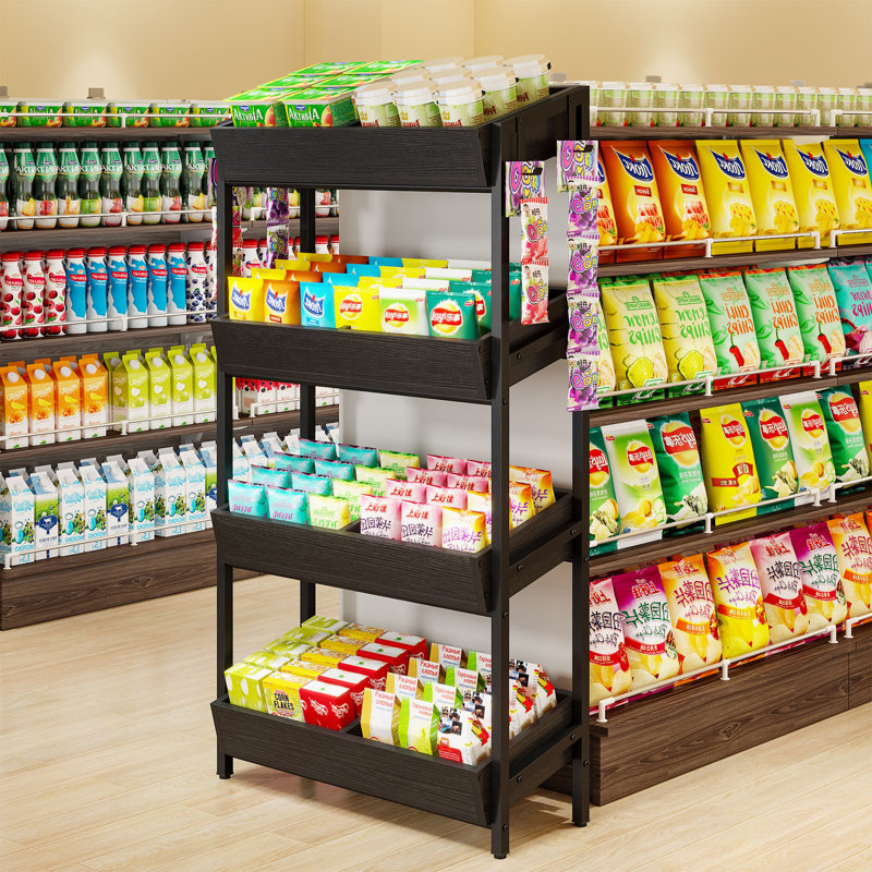 4-Tier Retail Display Shelf, Snack Rack, Chip Stand, Black