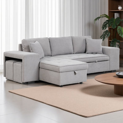 104.5" Modern L-Shape 3 Seat Reversible Sectional Couch, Pull Out Sleeper Sofa With Storage Chaise And 2 Stools For Living Room Furniture Set
