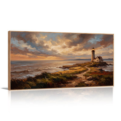 Lighthouse On Rocky Coast At Sunset Canvas Wall Art