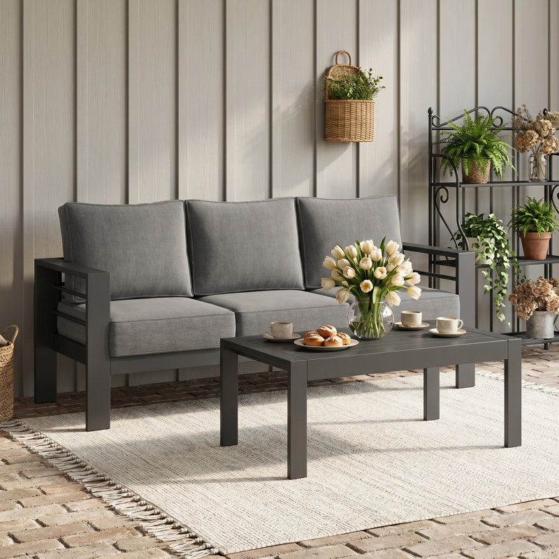 Ensemble de conversation pour l'extérieur en aluminium avec coussins 3 personnes, 2 Pcs: Coffee Table, Sofa, Grey, Grey