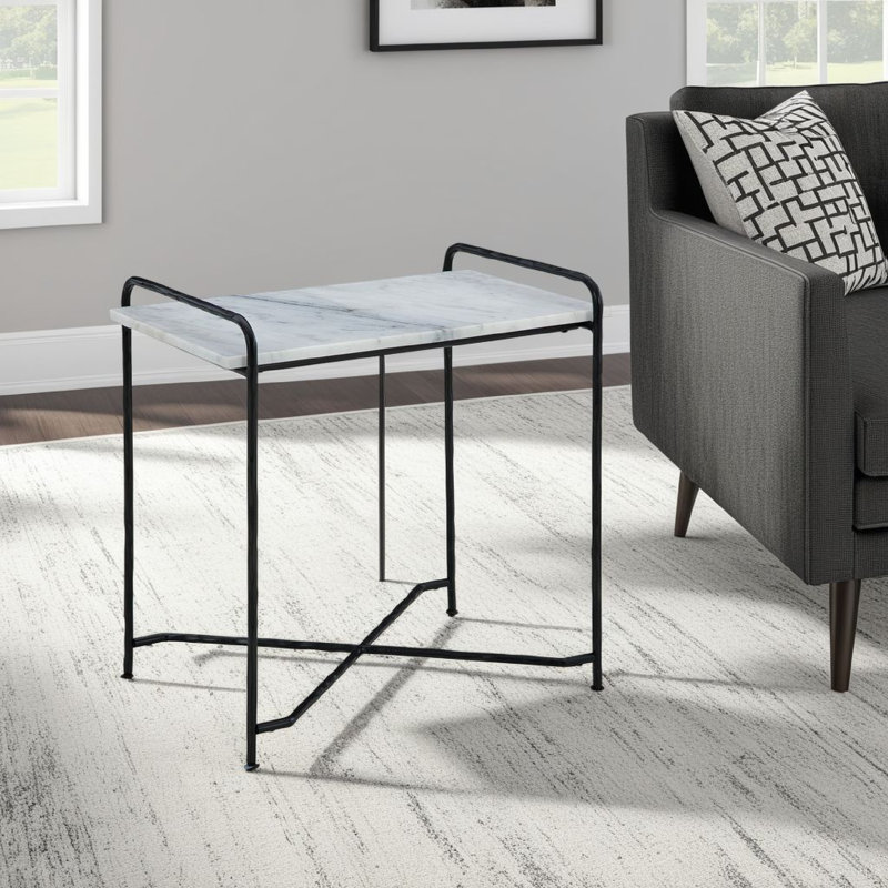 White Marble Top Black Metal Rectangular Accent Table