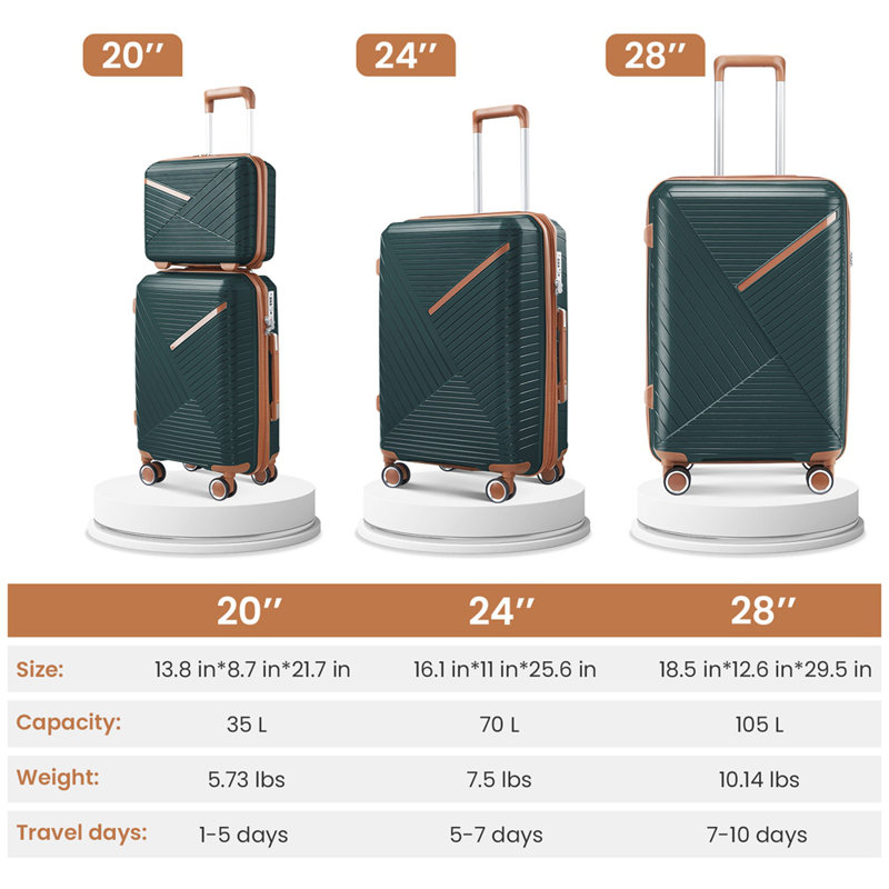 Ensembles de valises 4 pièces (14/20/24/28), valise légère extensible avec 4 roues pivotantes doubles à 360 degrés pour matériaux de transport