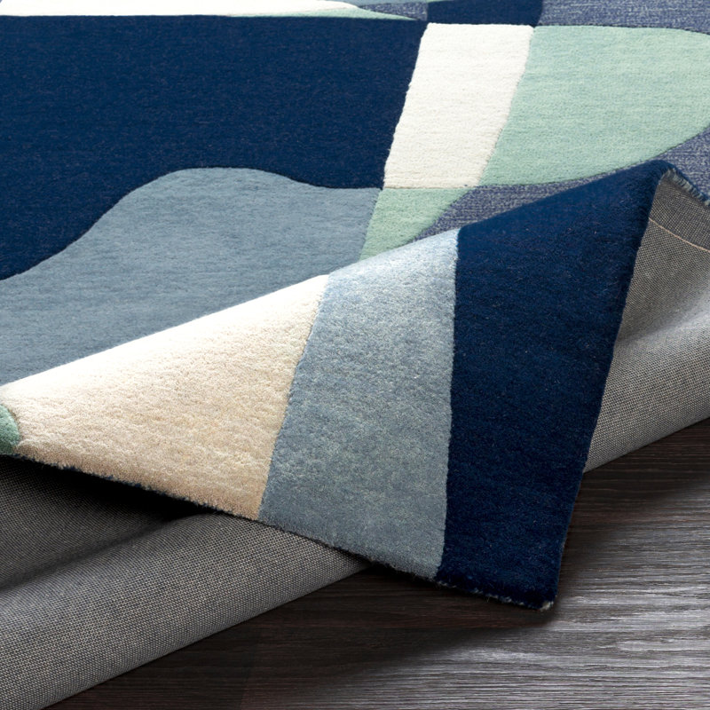 Tapis bleu sarcelle / bleu marine / beige en laine touffeté à la main Gaye, Carré 8 pi