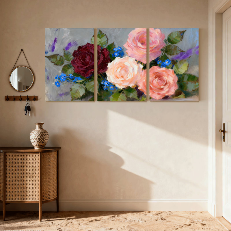 Ensemble de 3 impressions sur toile, bouquet de roses et fleurs bleues, H 24 po x l 48 po