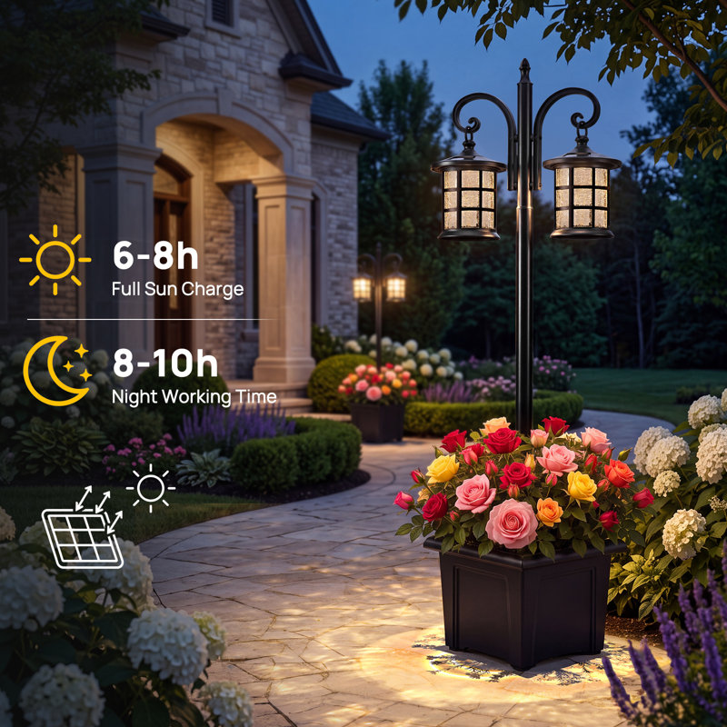 2-Head Solar Lamp Post with Planter, Crackle Glass