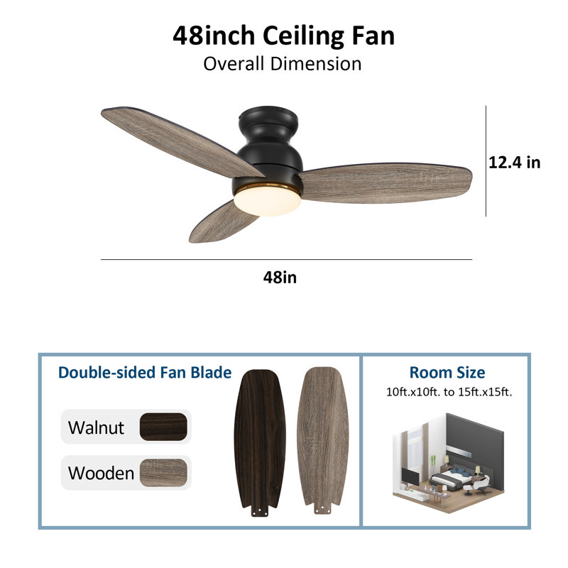 48" Alcides 3 - Blade LED Smart Flush Mount Ceiling Fans with Light, Black, null